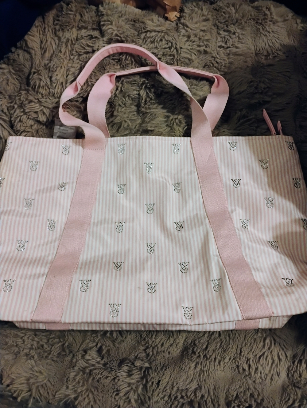 Victoria Secret Pink And White Pin Stripe Blinged Out Tote Bag